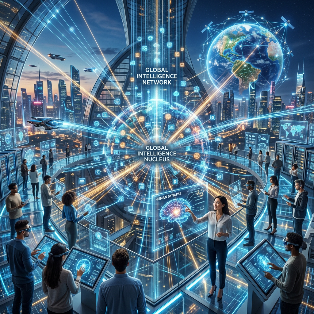 Group of people using holographic screens around a glowing global intelligence network display