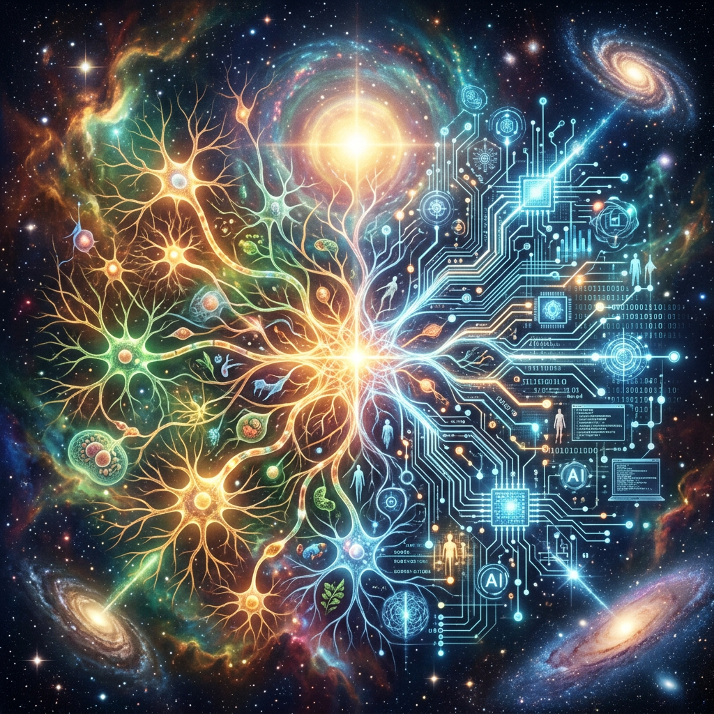 Abstract illustration of glowing neural network merging with circuitry and AI elements in a starry space environment