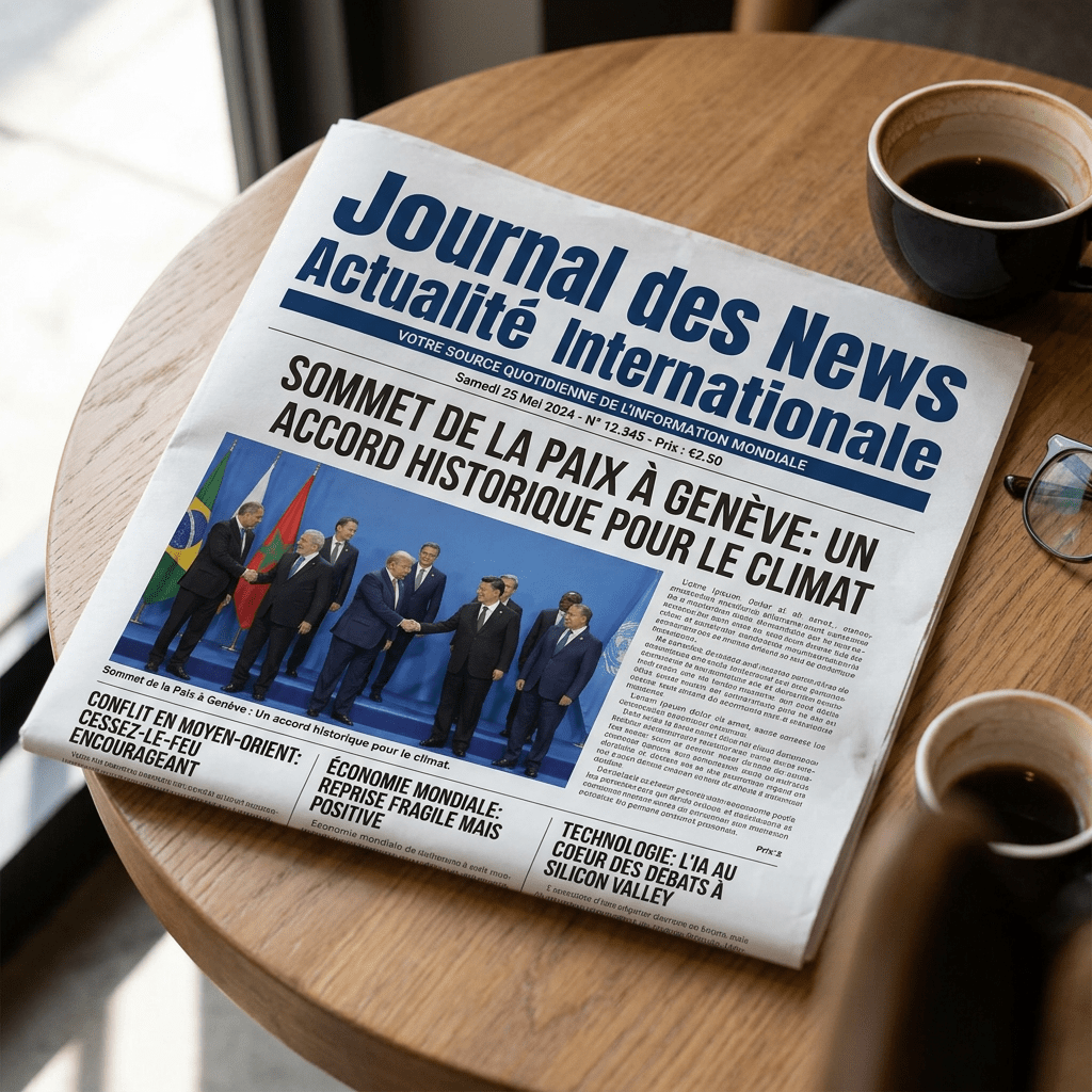 Newspaper headline about Geneva peace summit and climate agreement with photo of leaders shaking hands