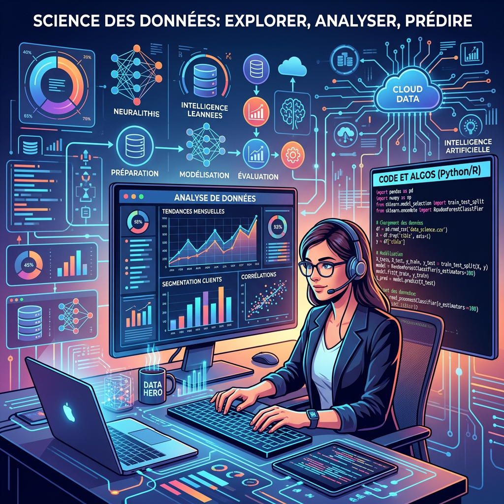 Data scientist working with data analysis graphics and AI code on multiple screens