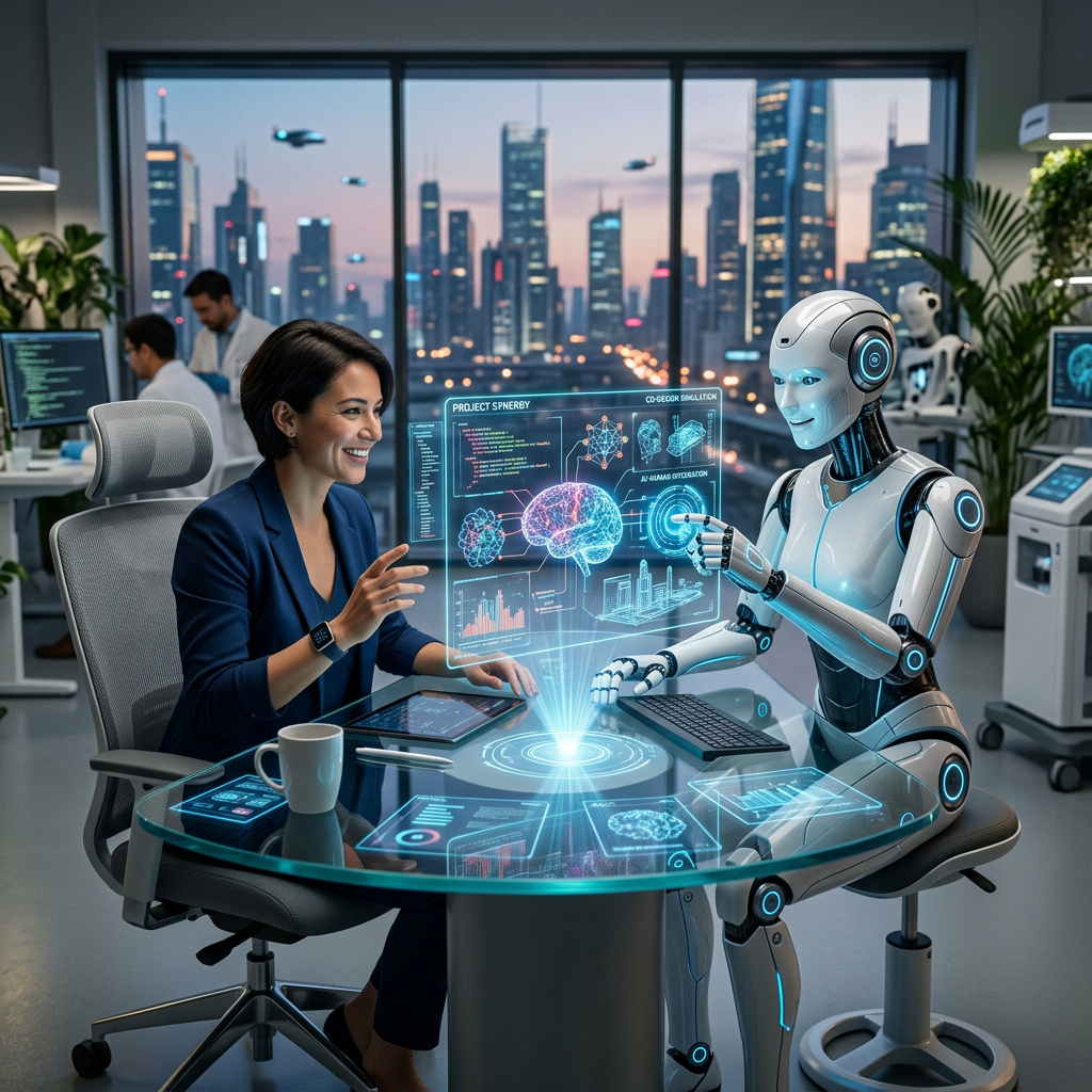 Woman and robot collaborating on AI brain simulation project using holographic display