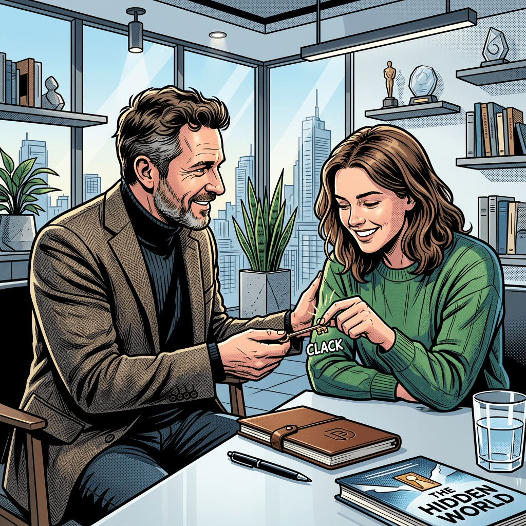 Middle-aged man talking with young woman in therapy session