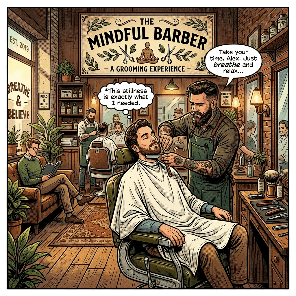 Barber carefully trimming a relaxed client's beard in a cozy barbershop with other customers and a calming atmosphere