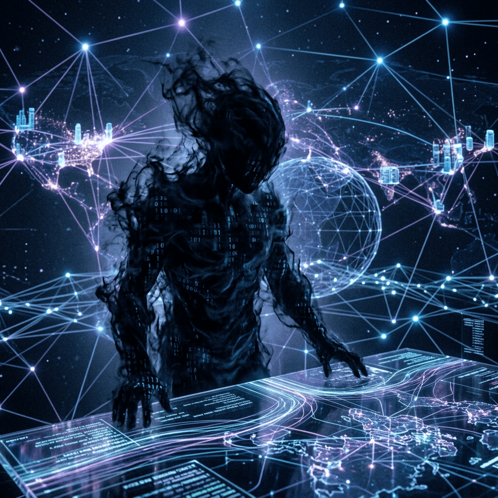 Dark humanoid figure interacting with a holographic global network interface