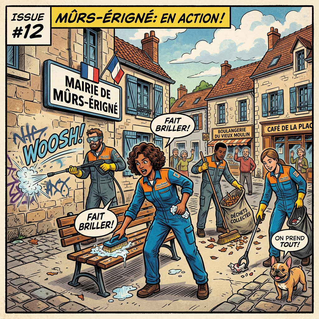 Volunteers cleaning a town square in Mûrs-Érigné, washing benches, power washing graffiti, sweeping leaves, and picking up trash.
