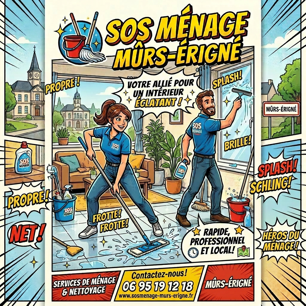 Two cleaners mopping floor and cleaning window in living room with cleaning supplies and promotional text