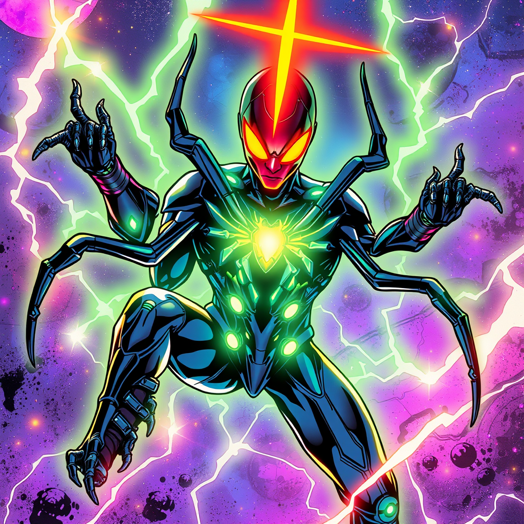 Futuristic Spider-Man in glowing black suit with extra mechanical arms and bright red eyes