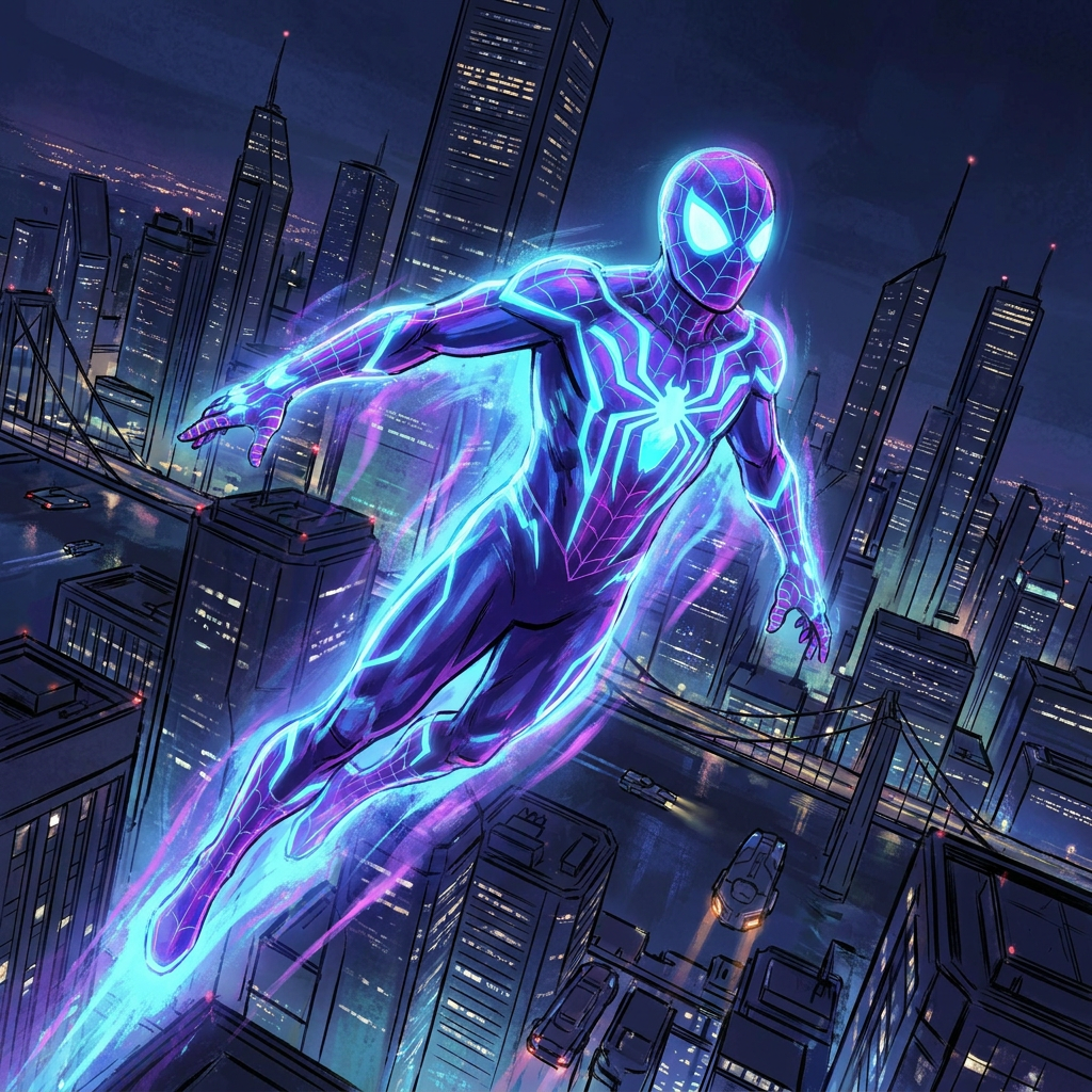 Spider-Man wearing a glowing blue and purple suit flying over a modern city with tall buildings at night