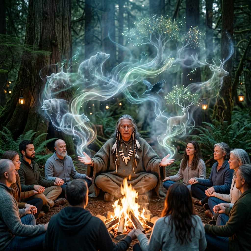 Group meditating around a campfire with mystical smoke forming animal spirits