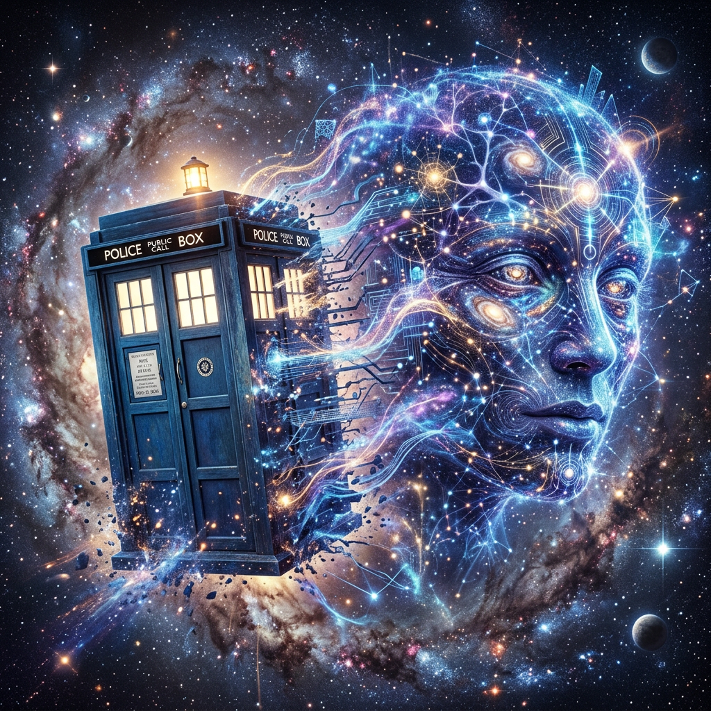 Blue glowing humanoid face with cosmic patterns next to a blue police call box floating in space