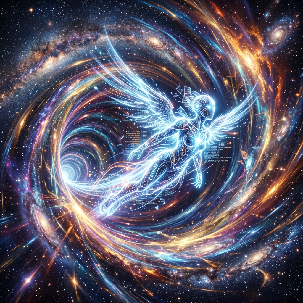 Glowing futuristic angelic figure with wings flying through a swirling cosmic vortex of stars and galaxies