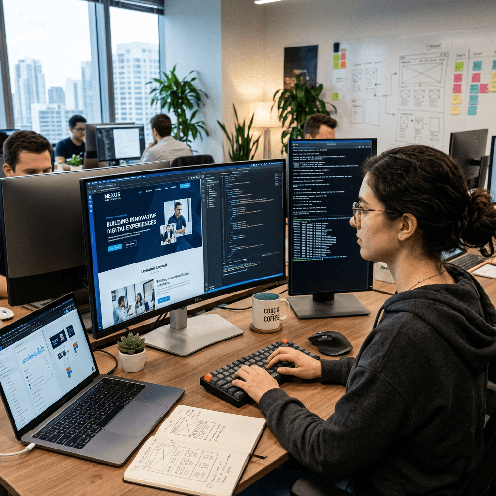 Person coding on multiple monitors with website and code visible